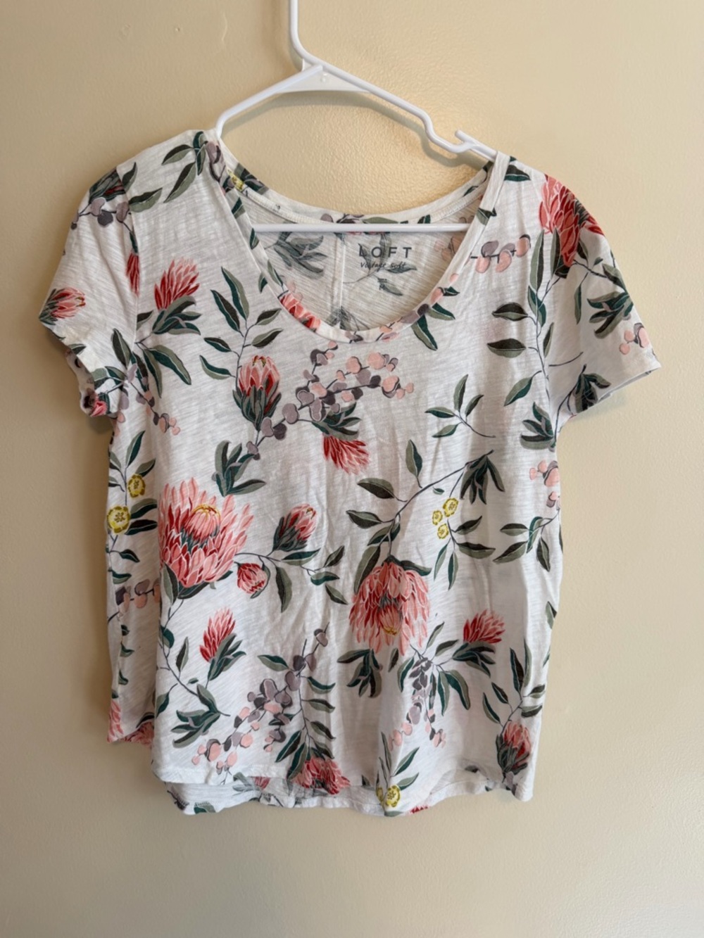 LOFT White Floral Short-Sleeve Tee with Pink and Green Bloom Print